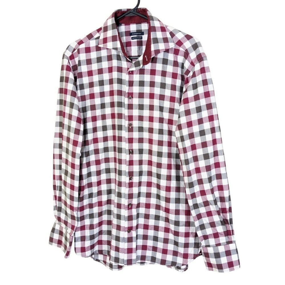 Suitsupply Mens Button Down Shirt 40 Red White Plaid Checked Long Sleeve Cotton